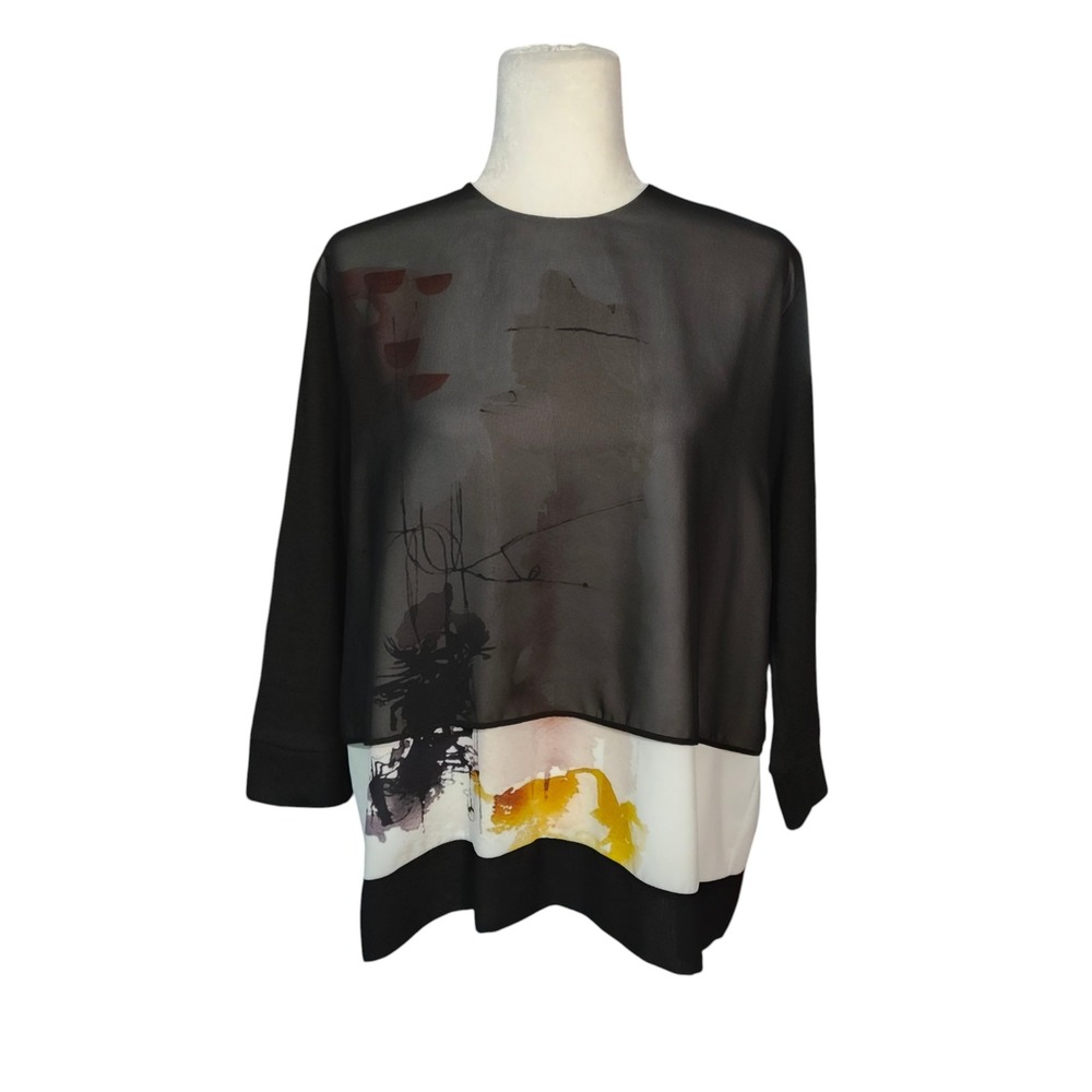 Blue Perla Lagenlook Blouse Abstract Art Sheer Overlay Black White Watercolor XL